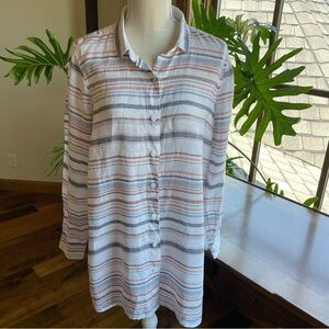 Garnet Hill Striped Button-Up Easy 100% Linen Tunic Shirt